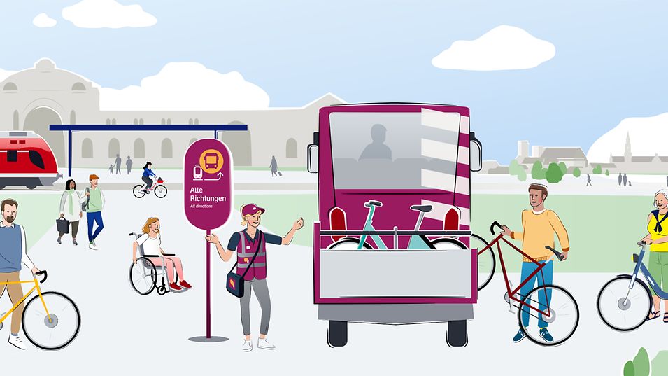 Eine Ersatzverkehrslotsin zeigt auf einen Transporter mit Fahrrädern, es sind mehrere Menschen mit Fahrrädern zu sehen.