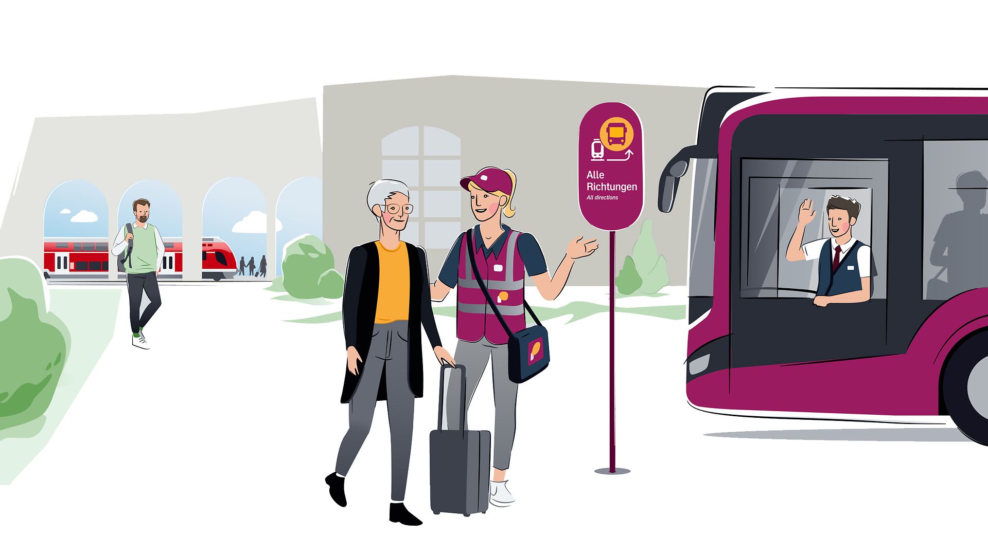 Illustration mir einer Ersatzverkehrlotsin, die einer Dame mit Koffer den Weg zu einem violetten Bus weist. Der Fahrer winkt.